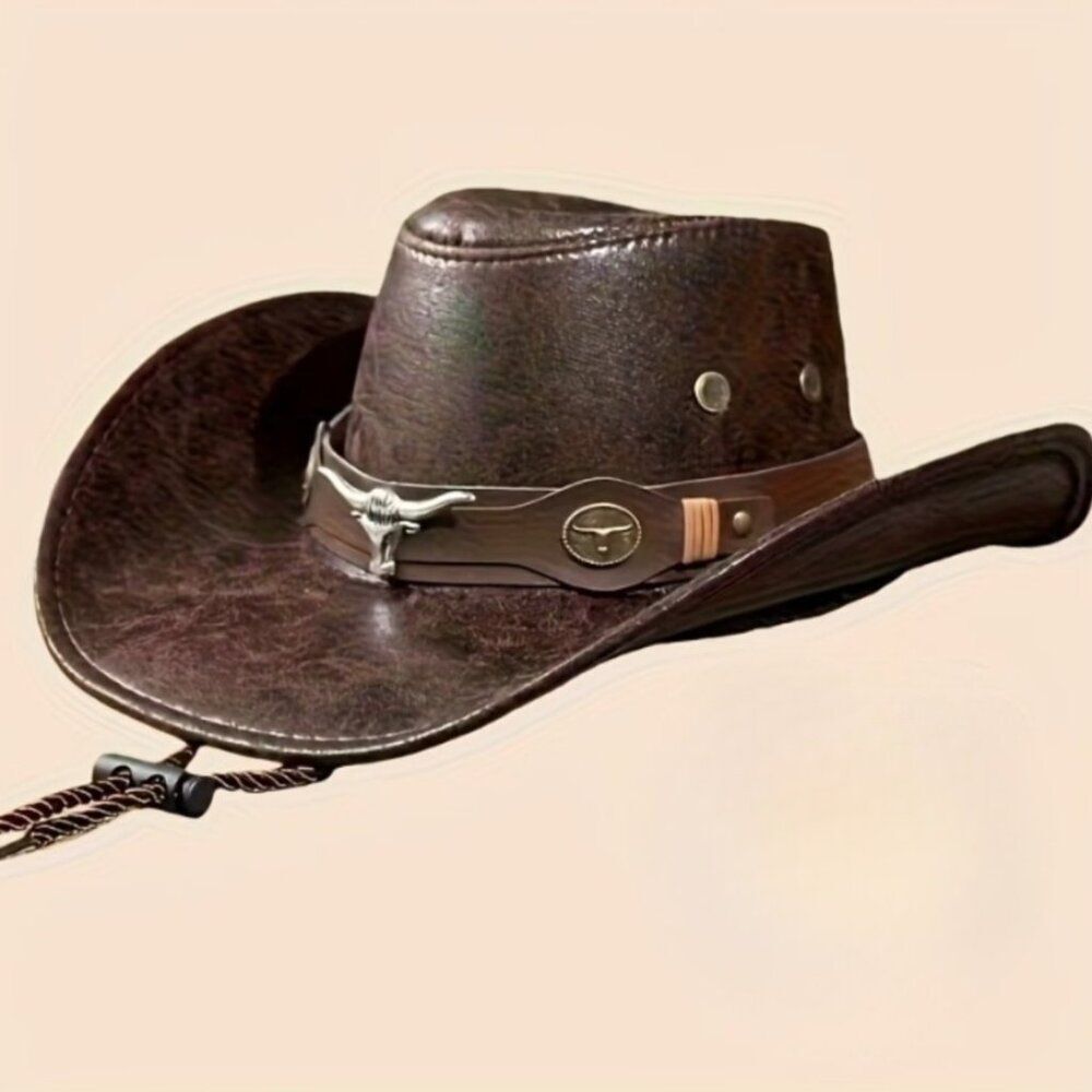 Western Hat Wide Brim Iconic Texas Longhorn on Hat Band Vegan Leather Boho Chic - Picture 5 of 5